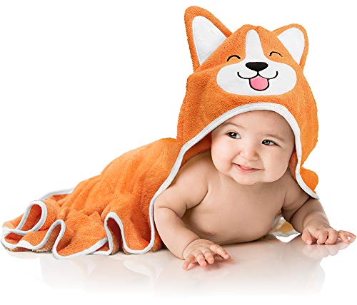 Image of Baby Aves Premium Hooded Baby Towel, Rayon Made from Bamboo, Free Washcloth, Registry Gift, 35x35 for Newborns, Infants, Toddlers & Kids, for Boys & Girls at Bath, Pool & Beach (Orange)