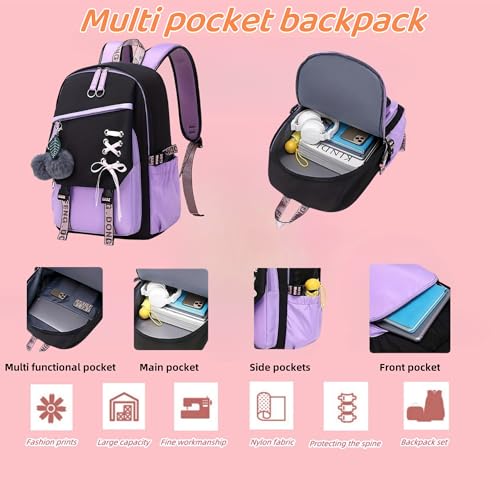 School Backpack for Girls Color-block School Bag with Lunch Box Pencil Case Set 3PCS Girls Backpack for School Kids Bookbag3