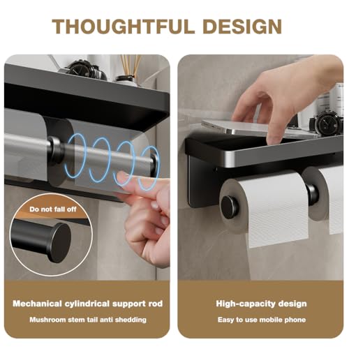 Image of HASTHIP Toilet Paper Roll Holder, Metal Toilet Roll Holder for Bathroom with Storage Shelf, Dual Toilet Tissue Roll Storage Design, Self Adhesive Wall Screw-Mount Modern Bathroom Organizer