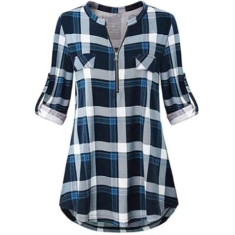 Odosalii Womens Zip Up Plaid Tunic Blouse Rolled Up Sleeve Polo Top Check Shirts, M, blue Cover