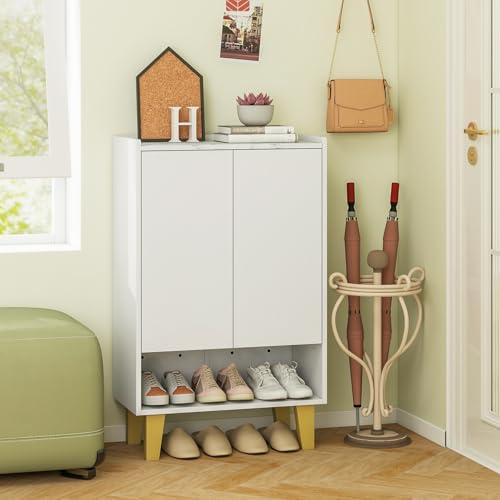 Image of Giantex Shoe Cabinet with Doors, 5-Tier Freestanding Entryway Shoe Storage with Faux Marble Countertop & Open Storages, 38 inch White Shoe Storage Cabinet for Entrance, Hallway, Living Room