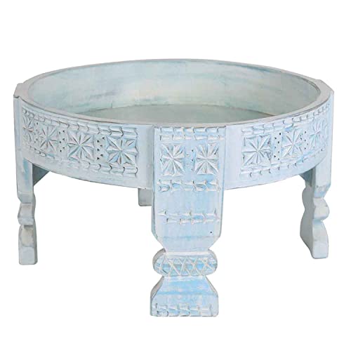 Casa Moro Table Basse en Bois de Manguier Massif sculpté á la Main, Table d´appoint Artisanale Ronde Shabby Chic Ø55 cm CAC30BL