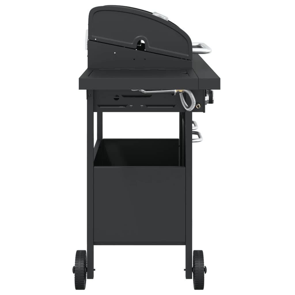 vidaXL Gasgrill mit 4 Flammen, Grillwagen mit Piezo-Zündsystem Thermometer, Gartengrill mit Rädern Stauraum, Grillstation, Schwarz Pulverbeschichteter Stahl