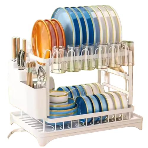 Housekeeper Escurreplatos con bandeja de goteo, escurridor de platos de acero inoxidable con soporte para utensilios, boquilla de drenaje giratoria, escurridor de fregadero de cocina que ahorra
