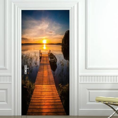 Fykjgs Modern Wooden Bridge Door Stickers for Interior Doors Sunset Scene 3D Door Decals Art Sticker Self Adhesive Door Murals for Bedrooms Living Room Bathroom Home Decor G248?95x215 cm?