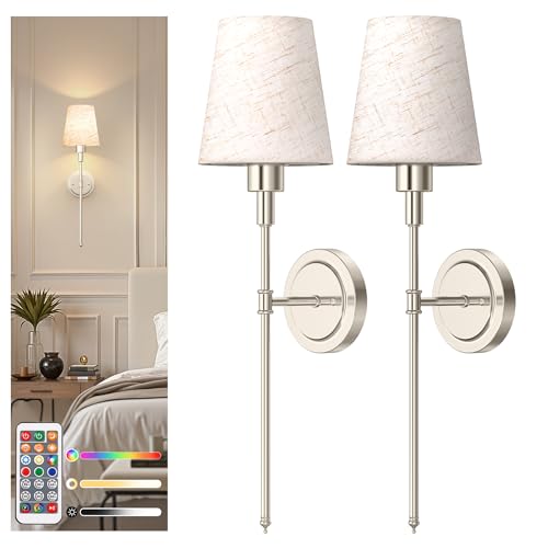 Image of DORESshop Battery Operated Wall Sconce Set of 2, 7 Color Wireless Wall Light Easy to Install, Sconce Wall Decor Set of 2 for Bedroom, Living Room, Fabric Linen Shade, Nickel, 24.6in