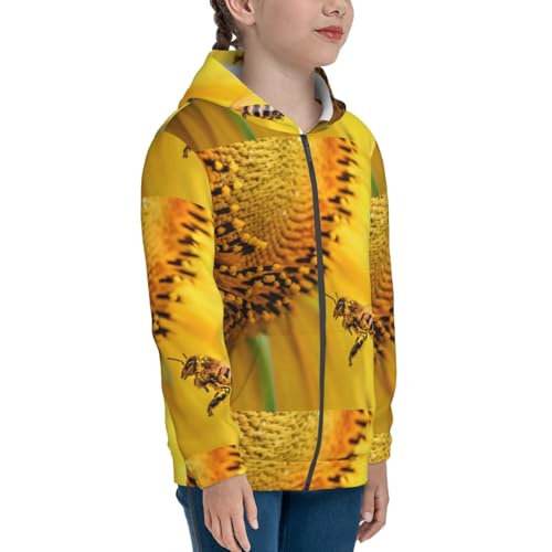 Honey Bee Pollinating Sunflower Kids Pullover Hoodies Boys Zip Up Sweatshirts Girls Athletic Clothes with Pocket4