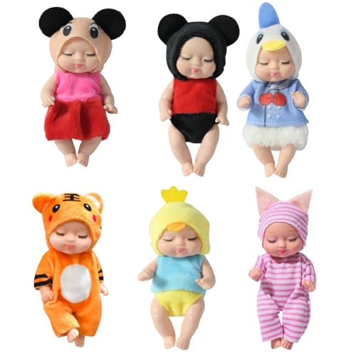 KUWUNG Mini Baby Puppe, 6 Stück Babypuppen mit Puppenkleidung, Realistische Mini Puppe, Rebirth Puppen, Kleine Reborn Puppenspielzeug Geschenk für Kleinkinder, Mädchen und Jungen (C)