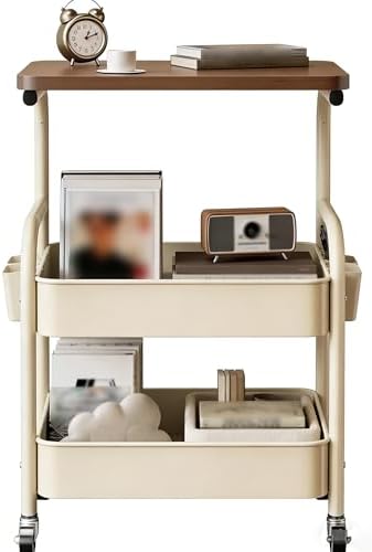 Rolling Utility Cart on Wheels, Lockable Trolley for Kitchen, Bedroom & Living Room Side Table, Multi-Functional Storage, Black, 17.3"x11.8"x30.3"