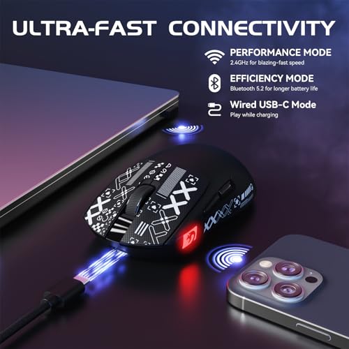 Image of MAMBASNAKE M4 Ultra-Light Wireless Gaming Mouse 52g, 24000 DPI PAW3311 Optical Sensor,2.4G /BT /Wired Ergonomic Computer Mice, RGB Lighting,400mAh Battery, Programmable Mouse for PC /Win /MAC-Black &Tape
