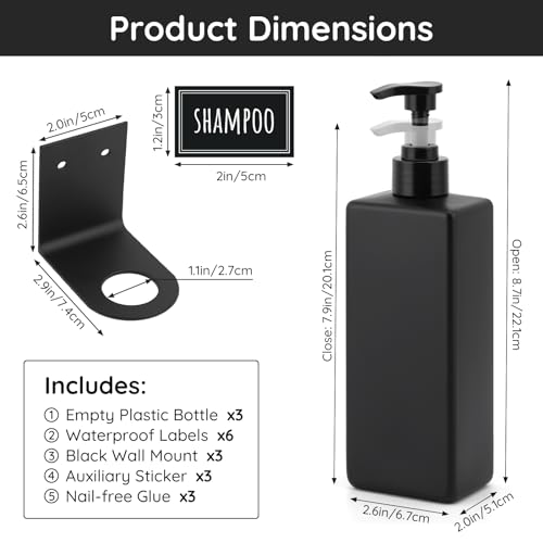 Image of Segbeauty Wall Mounted Shower Dispenser, 3pcs 16.9oz Drill Free Matte Black Bathroom Soap Dispenser Set, 500ml Refillable Shampoo and Conditioner Bottles Plastic Pump Bottle Dispenser with Labels