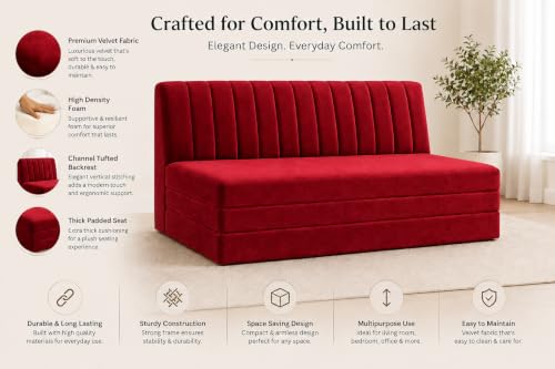 Image of Three Seater Sofa Bed, Velvet Fabric Foldable Sofa Cum Bed with Soft Foam Cushioning, Convertible Floor Couch for Living Room, Guest Room & Home Use (Red, Pre-Assembled)