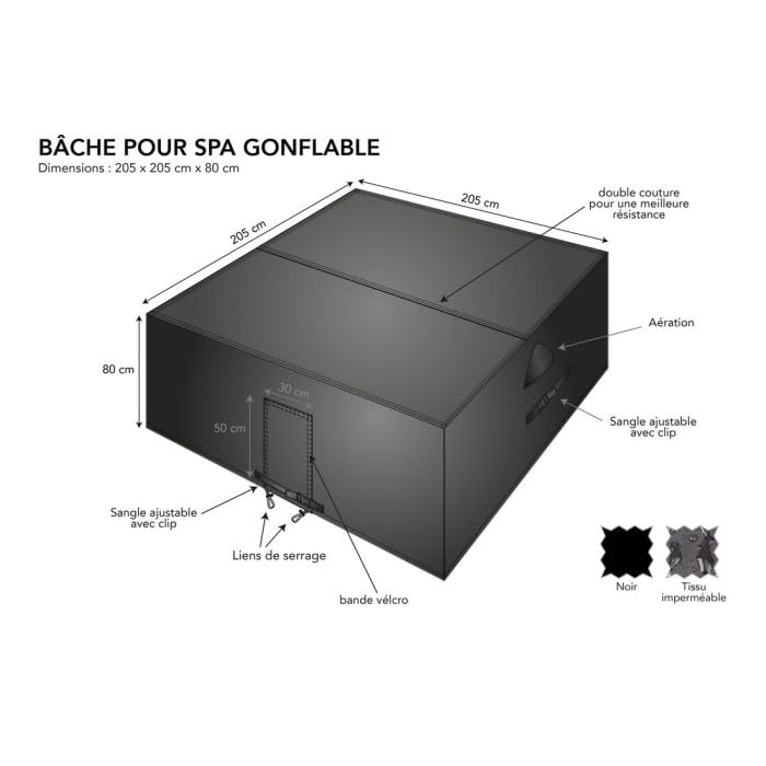 Bâche pour Spa Jacuzzi Gonflable carré 205 x 205 cm pour Intex Bestway Mspa