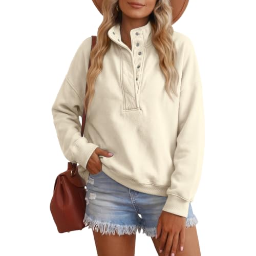 Oversized Sweatshirt for Women Fleece Mock Neck Button Cotton Sweat Shirt - image 2