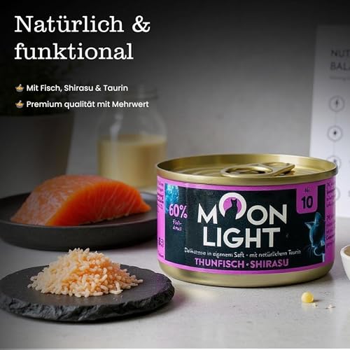 Moonlight Premium Nassfutter für Katzen, Nr.10 (24x80g Dose) - getreidefreie Rezeptur - Delikatesse im eigenen Saft - mit natürlichem Taurin, Thunfisch & Shirasu