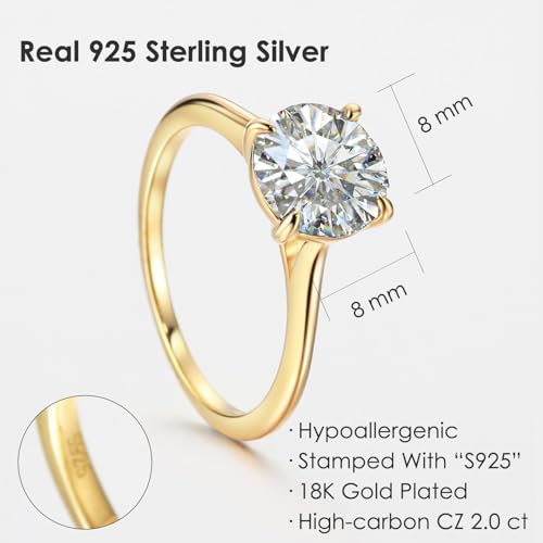 Michooyel 18K Gold Plated Round Cut Solitare 925 Sterling Silver | 2ct Engagement Ring Women, Wedding Ring, Promise Ring Cubic Zirconia3