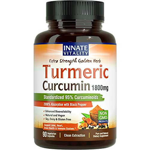 Innate Vitality Organic Turmeric Curcumin 1800mg 95% Curcuminoids, with Black Pepper Extract for 2000% Absorption, Joint, Antioxidant & Anti-inflammatory Support, Pain Relief, Non-GMO Vegan No Gluten