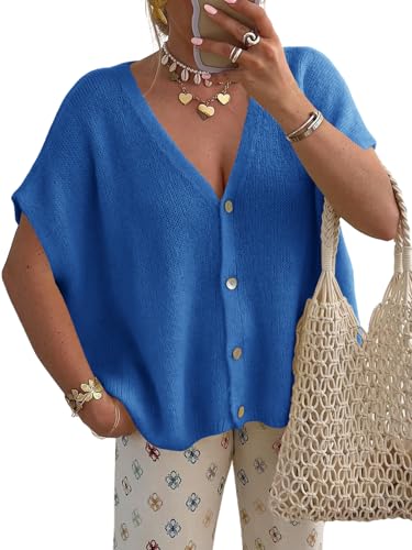 Image of Saodimallsu Womens Summer Oversized Cardigans Batwing Short Sleeve Lightweight Button V Neck Casual Knit Sweater Tops