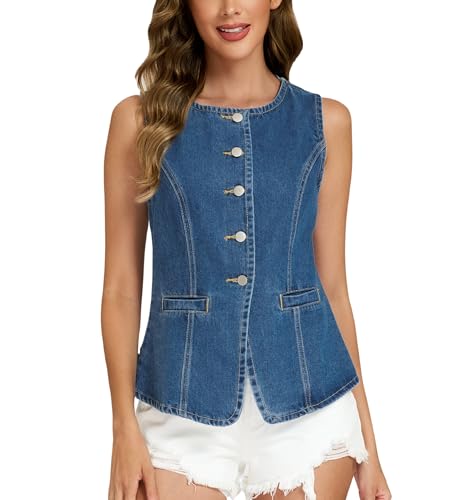 Ladyful Womens Denim Vest Top Button Down Jean Vest Tank Tops Sleeveless Crewneck Slim Fit Jean Waistcoat with Pockets