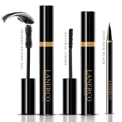 LANERCO 4D Silk Fiber Lash Mascara & Waterproof Liquid Eyeliner Set Lengthening & Volumizing Smudge-Proof Long Lasting Hypoallergenic Gel Fiber Formula Ideal Eye Makeup Gift for Women