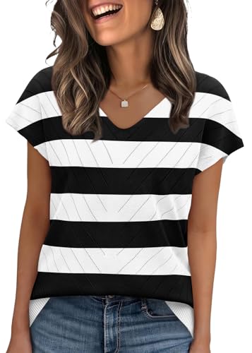 Image of WIHOLL Short Sleeve Sweater for Women V Neck Trendy Summer Tops 2026 Beach Vacation Clothes Travel Business Casual Outfits