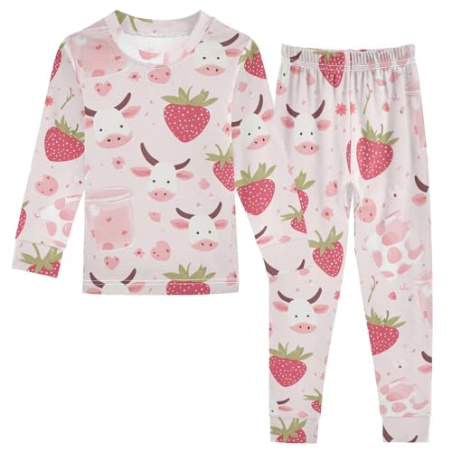 Fustylead Cute Strawberry Pastel Pink Cow Milk Cotton Pajamas Set 2 Piece Long Sleeve Pjs Sleepwear