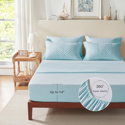 Image of Zzlpp Full Comforter Set 7 Pieces, Light Blue Tufted Bed in a Bag with Comforter and Sheets, All Season Boho Bedding Sets with Comforter, 2 Pillow Shams, 2 Pillowcases, 1 Flat Sheet, 1 Fitted Sheet