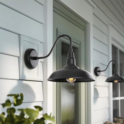 Image of 10in Dome Outdoor Barn Light with Wall Mount 2 Pack Black Exterior Gooseneck Lights Farmhouse Style Outdoor Barn Wall Lights Garage Outside Wall Sconce for House, Porch, Patio, Yard