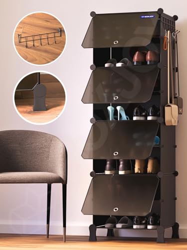 Image of BOXJOY 8 Shelf Shoe Rack with 4 Black Doors, 5 Hook Steel Holder & Wooden Hammer for Home Storage PP Plastic Organizer with Metal Door Frame to Cover Chappal Slipper Sandals Shoes Box Stand (Black)