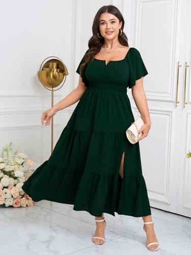 Image of SCOMCHIC Womens Plus Size Maxi Dress Formal Short Sleeve Square Neck Smocked Side Split Flowy A Line Tiered Long Dress