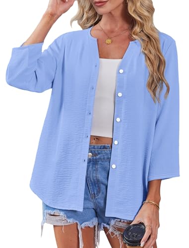 Image of OFEEFAN Button Down Shirts for Women 3 /4 Length Sleeve Tops V Neck Blouses Business Casual Outfits Loose Fit