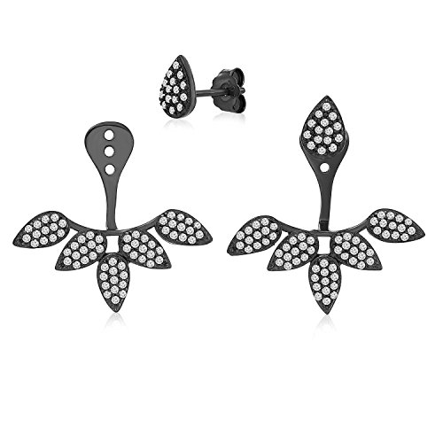 Sterling Silver Front Back 2 in 1 Cubic Zirconia Stud and Ear Jacket Earrings Set - Black Rhodium Plated