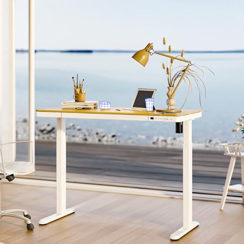 Image of FLEXISPOT Electric Standing Desk with Drawer Storage Adjustable Height Quick Assembly Table w /USB Charge Ports, Child Lock （Natural Desktop + White Frame）