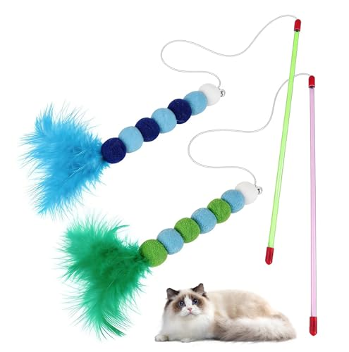 Kaelosyn Cat Wand Toy with Feathers & Bell Cat Feather Toy CatToy Colorful