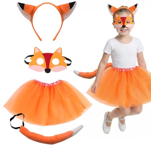 MLPKOI 4 Pièces Déguisement Renard pour Enfants, avec Bandeau de Renard Masque de Renard Queue de Renard Costume Tutu Ensemble de Costumes de Renard Animal pour Anniversaire Carnaval Déguisements