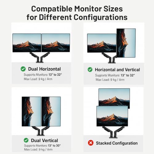 Image of STAR WORK Dual Monitor Mount for 13-32 inch Inch Screens, Adjustable Gas Spring Monitors Arm Desk Stand with C-Clamp & Grommet Base, Motion 360 Swivel & Tilt, Supports 19.8 lbs (Dual Black Monitor Arm)