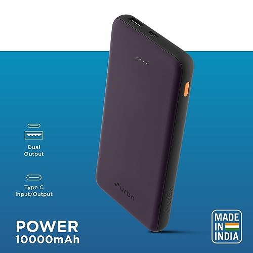 Image of URBN Power Bank 10,000mAh Ultra Slim | Dual Port Type C Input /Output | BIS Certified | 4-Layer Circuit Protection | 6-Month Replacement Warranty | Made in India | Free Type C Cable - Purple