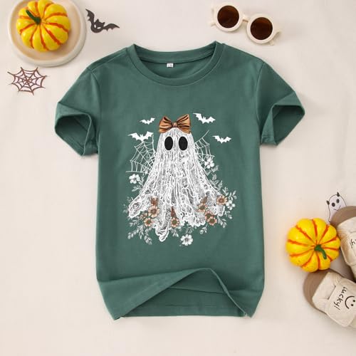 Halloween Shirts for Girls Floral Bow Lace Ghost T-Shirt Kid Spooky Season Outfit Boho Short Sleeve Tees Fall Tops 7