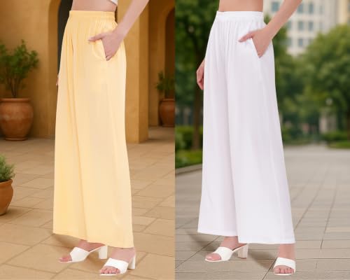 Image of Buy That Trendz Palazzo Pants for Women Rayon Elasticated Regular Fit Flared Wide Leg M to 6XL Pack of 2