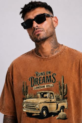 Image of London Hills Men's Oversized t Shirt for Men Graphic T-Shirt | Acid Wash Printed Men T-Shirts | Tshirt for man Round Neck Half Sleeve Pure Cotton Casual Mens tees | Off Shoulder Tshirt Shirts man