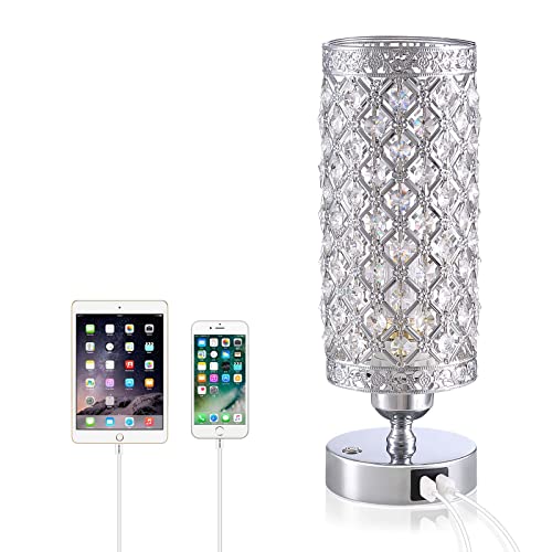 Yarra-Decor Crystal Bedside Table Lamp 3-Way Color Changing Lamps for Bedroom Modern USB Nightstand Lamp with Sliver Crystal Shade Decorative Lamps for Living Room, Kids Room (LED Bulb Included)