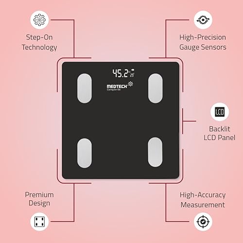 Image of Medtech WS 10 Weight Machine | Digital BMI Weighing Scale | Black | 18 Body Composition | LED Display | Lightweight & Portable Body Fat Analyser with Bluetooth App | 1 Year Warranty