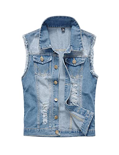 Image of Men's Sleeveless Ripped Denim Vest Casual Slim Fit Button Down Jeans Vests Jacket
