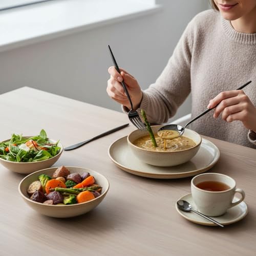 Image of Slim Handle Black 15 Pcs Stainless Steel Cutlery Set for Dining Table, Dishwasher Safe Glossy Flatware (3 Spoon Set+3 Forks Set+3 Butter Knife+3 Dessert Spoon+ 3 Fruit Fork)