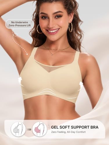 COCOMARTS Jelly Bras for Women No Underwire Seamless Push Up Bra Nude,XL | Full Coverage Wireless V-Mesh Neck Bralette,Comfortable Support&Lift with Adjustable Straps,Everyday Soft T-Shirt Bra - image 2