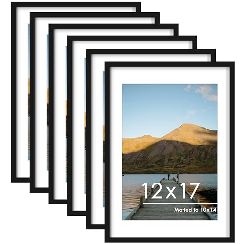 Image of PEALSN 12x17 Picture Frame Set of 6, Display Pictures 10x14 with Mat or 12x17 without Mat for Wall Mounting or Table Top, Photo Frames Collage for Wall Decor, Black.