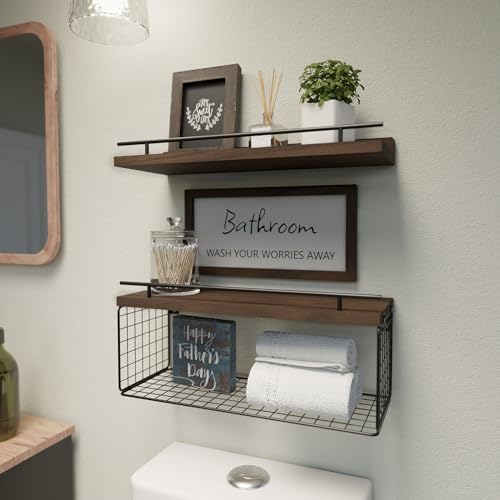 WOPITUES Floating Shelves for Bathroom Wall Decor Sign, Bathroom Organizers and Storage, Bathroom Shelves Over Toilet with Metal Guardrail-Rustic Brown
