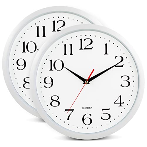 Image of Bernhard Products White Wall Clocks, 2 Pack Silent Non Ticking - 12 Inch Quality Quartz Battery Operated Round Easy to Read Home /Office /Classroom /Business /Kitchen /School Clock