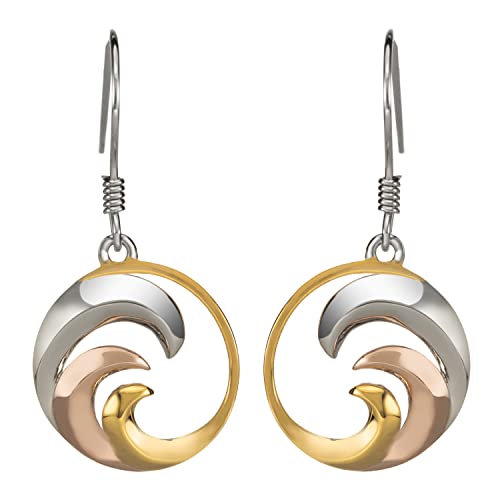 14K Gold Plated Tri-Color Sterling Silver Ocean Wave Dangle Earrings