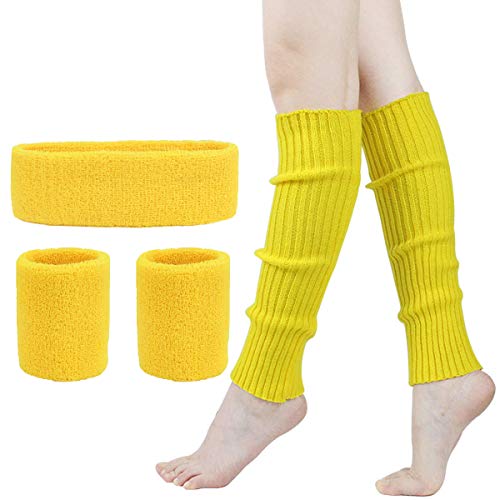 Leg Warmers Set - Women 80s Pink knitted leg warmers Running Headband Wristbands Warmers 80s Theme Party Accessories (#5 Yellow)